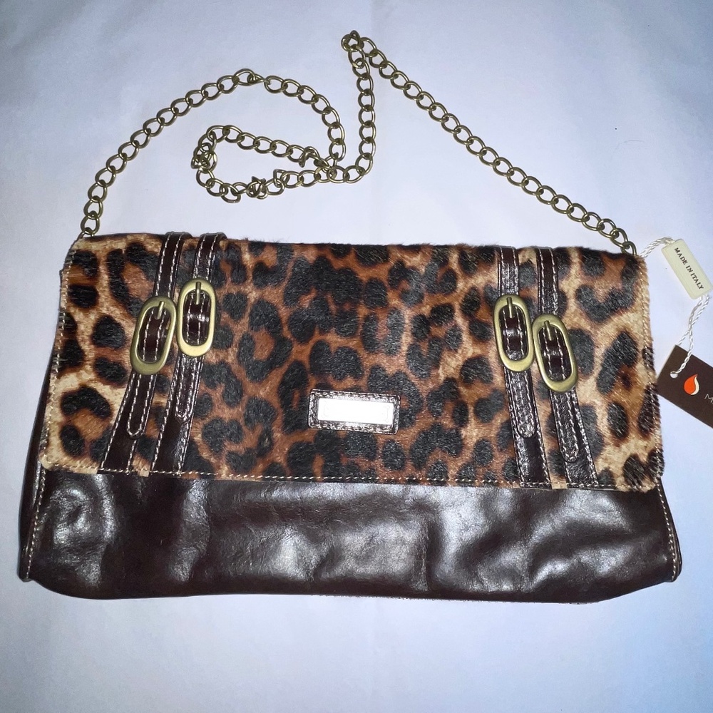 MARCO BUGGIANI Animal Print Calf Hair Leather Convertible Clutch Bag NWT